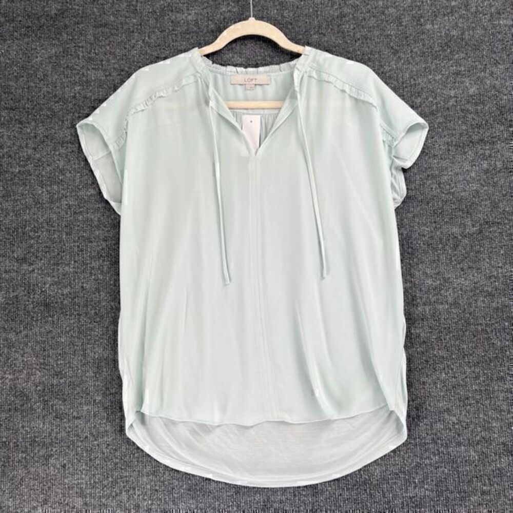 Loft Mixed Media Blouse Top Womens S Pastel Green Short Sleeve Split Neck Ruffle
